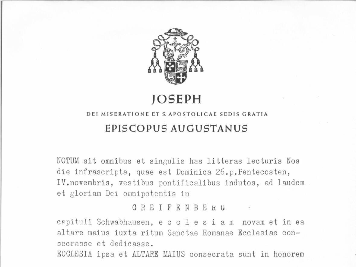 Bischöfliche Urkunde zur Weihe und Indienststellung von Maria Immaculata in lateinischer Sprache